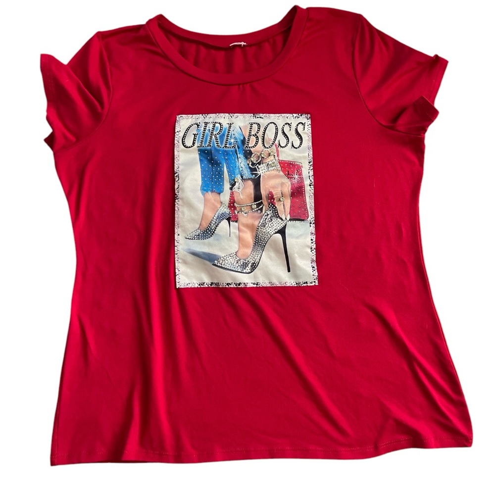 R. Rouge Red Girl Boss High Heel Rhinestone Relaxed T Shirt